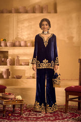 Gorgeous Blue Velvet with Embroidery Work Palazzo Suit