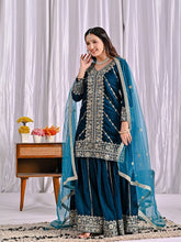 Awesome Blue Velvet Work Sharara Suit