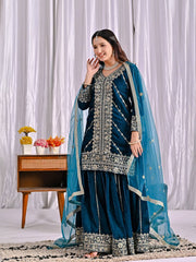 Awesome Blue Velvet Work Sharara Suit