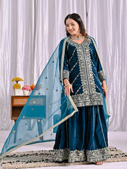 Awesome Blue Velvet Work Sharara Suit