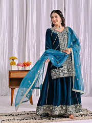 Awesome Blue Velvet Work Sharara Suit