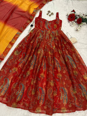 Glorious Red Organza Digital Printed Anarkali Gown