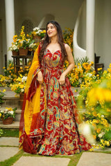Glorious Red Organza Digital Printed Anarkali Gown