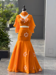 Alluring Orange Georgette Handpaint Lehenga Choli