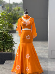 Alluring Orange Georgette Handpaint Lehenga Choli