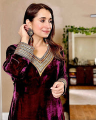 Trendy Maroon Velvet Sequence Work Palazzo Suit
