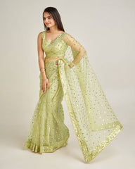 Glorious Green Net with Sequins Work Saree