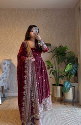 Amazing Maroon Georgette Embroidery Work Gown