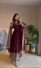 Amazing Maroon Georgette Embroidery Work Gown