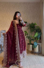 Amazing Maroon Georgette Embroidery Work Gown