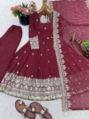 Amazing Maroon Georgette Embroidery Work Gown