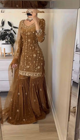 Amazing Brown Georgette Zarkan Work Sharara Suit