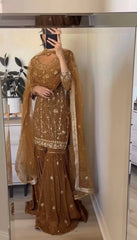 Amazing Brown Georgette Zarkan Work Sharara Suit