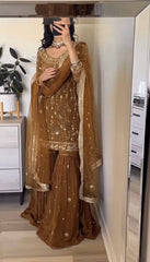 Amazing Brown Georgette Zarkan Work Sharara Suit