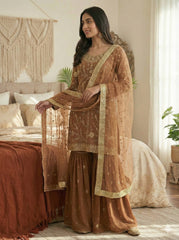 Amazing Brown Georgette Zarkan Work Sharara Suit