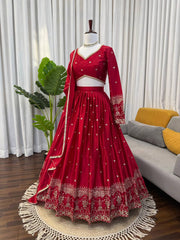 Ravishing Red Satin Thread and Sequence Work Lehenga Choli