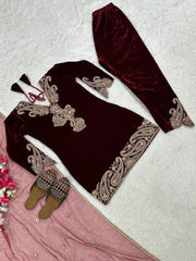 Lovely Maroon Velvet Sequence Work Suit
