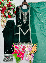 Lovely Green Velvet with Embroidery Work Sharara Suit