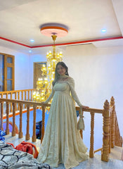 Trendy White Cinon Silk Embroidery Work Gown