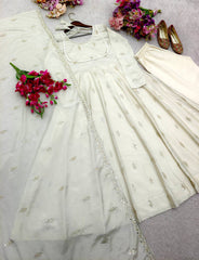 Trendy White Cinon Silk Embroidery Work Gown