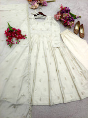 Trendy White Cinon Silk Embroidery Work Gown