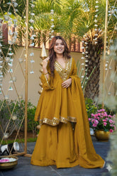 Ravishing Yellow Cosmos Mirror Work Sharara Suit