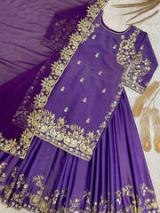 Pretty Purple Shimmer Silk Sequence Work Palazzo Suit