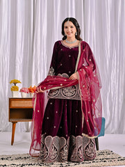 Ravishing Maroon Velvet Embroidery Work Sharara Suit