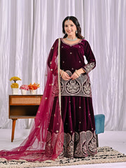 Ravishing Maroon Velvet Embroidery Work Sharara Suit