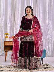Ravishing Maroon Velvet Embroidery Work Sharara Suit