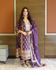 Classy Purple Chinnon Embroidery Palazzo Suit