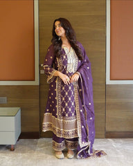 Classy Purple Chinnon Embroidery Palazzo Suit