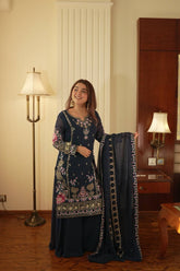 Lovely Blue Georgette Sequence Work Palazzo Suit