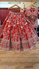 Awesome Red Net With Embroidery Work Lehenga