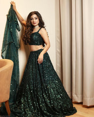 Pretty Green Tapeta Satin Silk Sequence Work Lehenga Choli