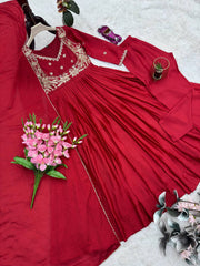 Lovely Red Chinon Silk Embroidery Work Gown