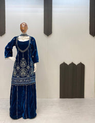 Trendy Wine Velvet Sequence Embroidery Work Palazzo Suit