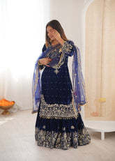 Ravishing Blue Velvet with Cording Work Sharara Suit