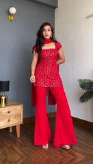 Lovely Red Georgette Sequence Work Palazzo Suit