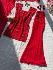 Lovely Red Georgette Sequence Work Palazzo Suit