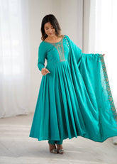 Elegant Teal Roman Chanderi Silk Anarkali Suit
