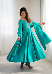 Elegant Teal Roman Chanderi Silk Anarkali Suit