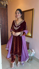Stunning Purple Velvet Sequence Work Sharara Suit