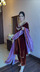 Stunning Purple Velvet Sequence Work Sharara Suit