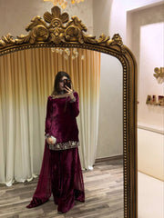 Exclusive Maroon Velvet with Thread & Sequence Work Sharara Suit