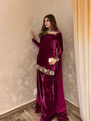 Exclusive Maroon Velvet with Thread & Sequence Work Sharara Suit