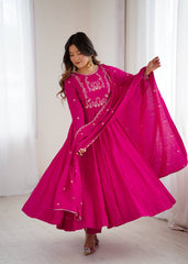 Amazing Pink Roman Chanderi Silk Handwork Anarkali Gown