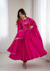 Amazing Pink Roman Chanderi Silk Handwork Anarkali Gown