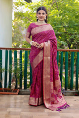 Bandhej Designed Zari Patola Weaving Wine Saree