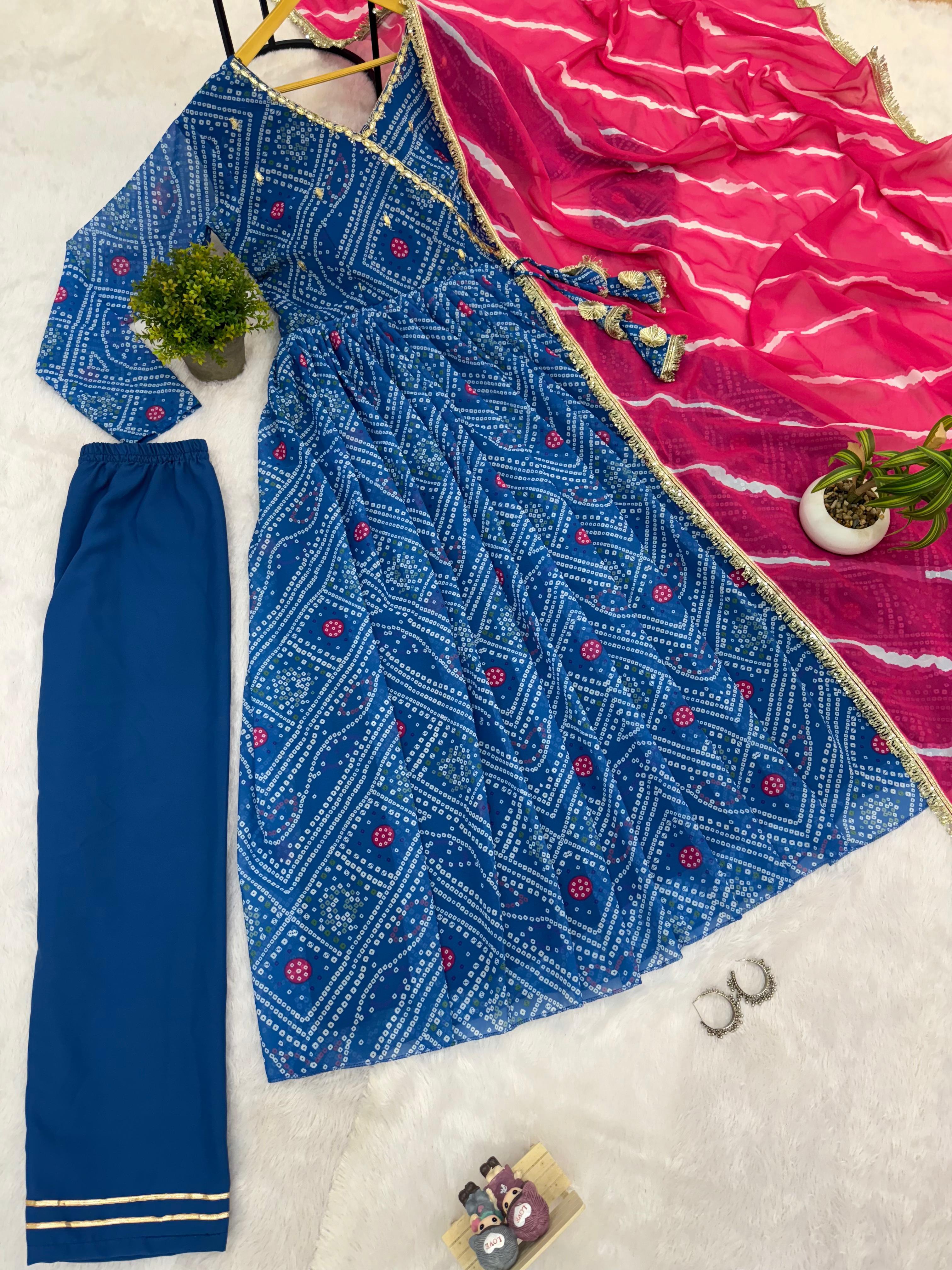 Trendy Blue Georgette Embroidery Work Gown